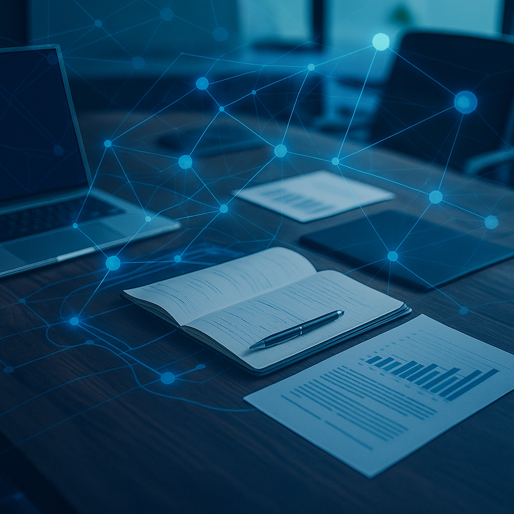 Business workspace with a laptop, open notebook with pen, printed charts, and documents on a desk, overlaid with a digital network graphic.