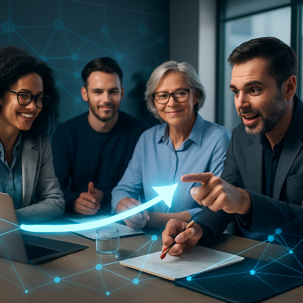Four diverse professionals in a meeting room discussing growth, with a digital graphic of an upward arrow and network connections overlaid on the image.