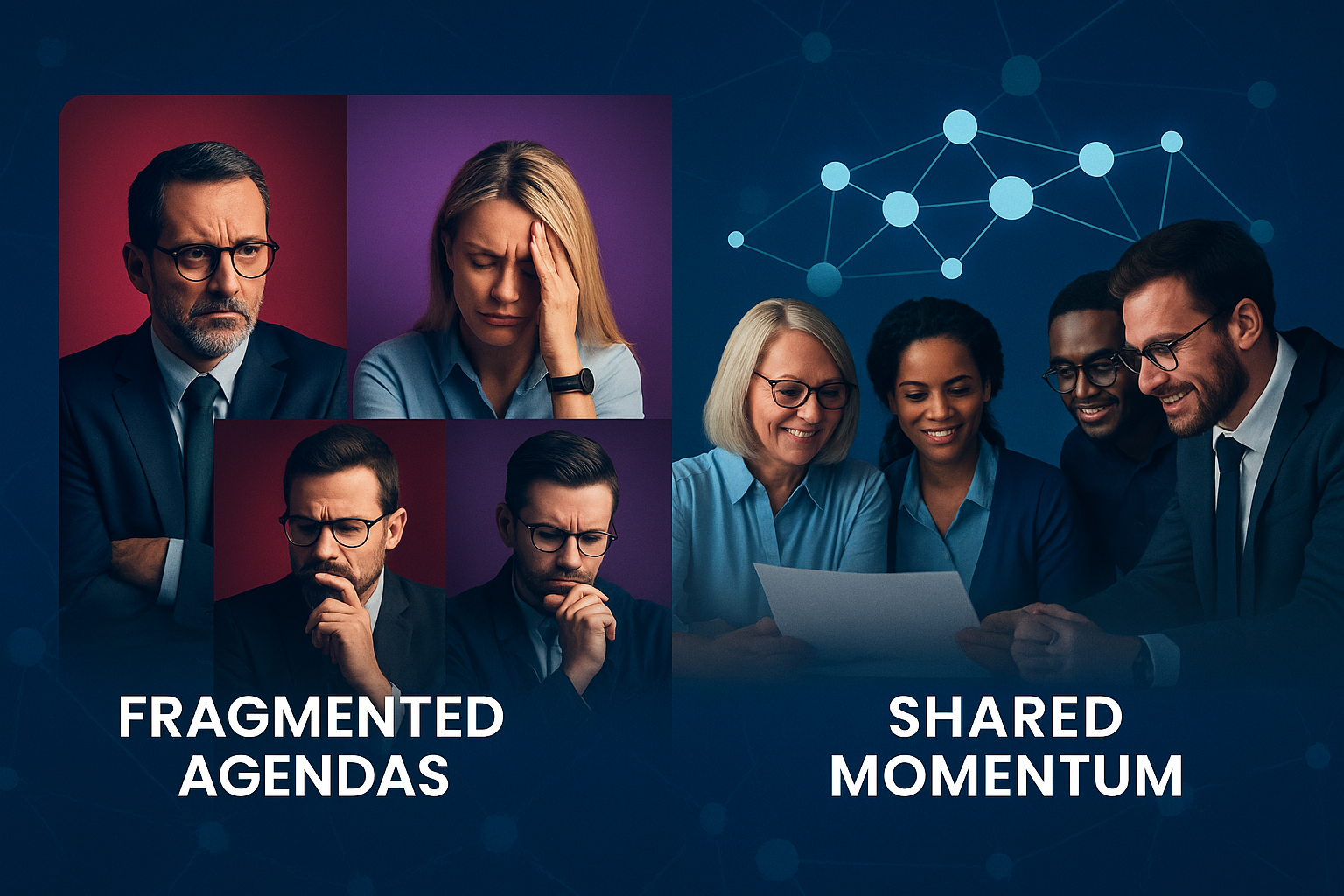 Comparison between fragmented agendas and shared momentum in a group discussion, with images of worried and thoughtful individuals on the left and a collaborative team smiling and sharing ideas on the right, set against a digital network background.