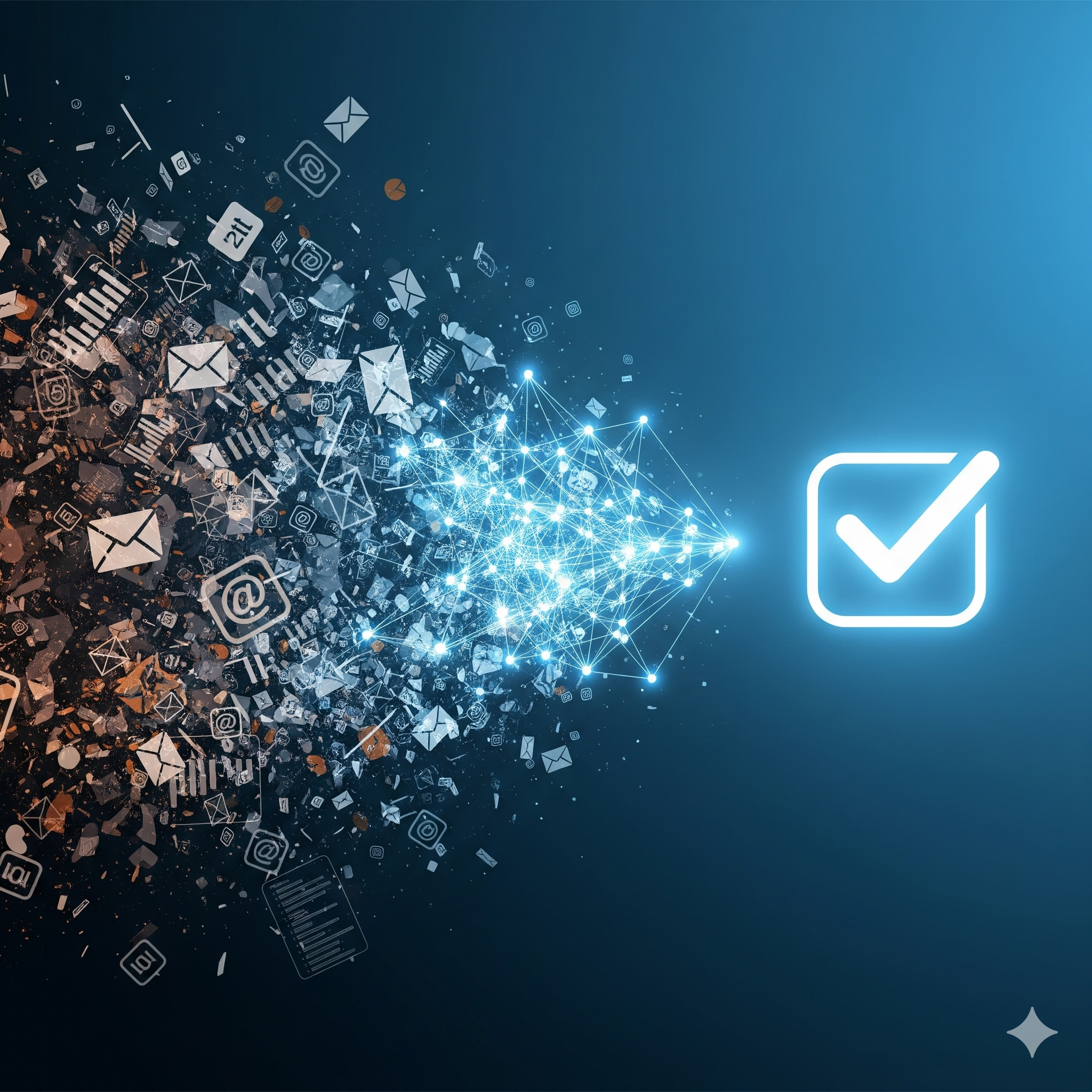 Digital illustration of a burst of emails, messages, and social media icons emanating from a central point, transforming into a glowing checkmark symbol on a blue background, representing digital communication and verification.