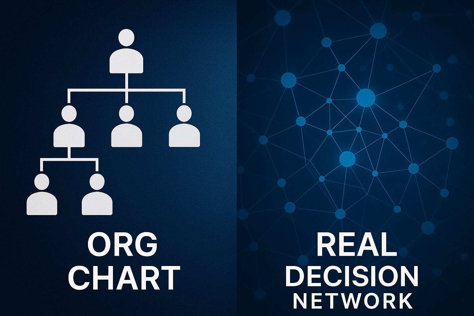 A split image with the left side showing an organization chart icon with the text "ORG CHART" below it, and the right side showing a network of connected dots with the text "REAL DECISION NETWORK" below.