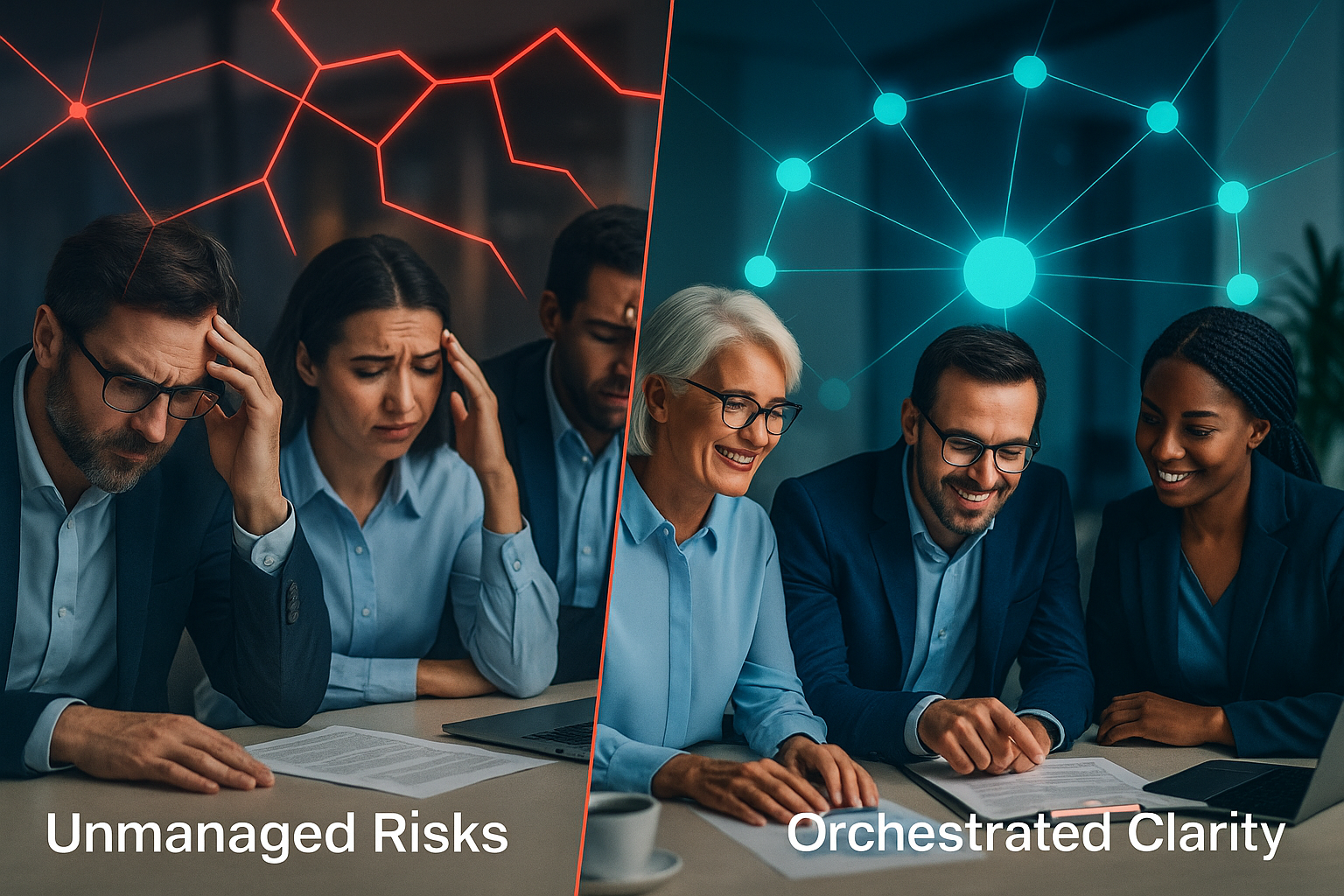 The image is divided into two parts showing a comparison. The left side depicts a group of worried people with the label 'Unmanaged Risks,' while the right side shows the same group of people smiling and collaborating, labeled 'Orchestrated Clarity.'