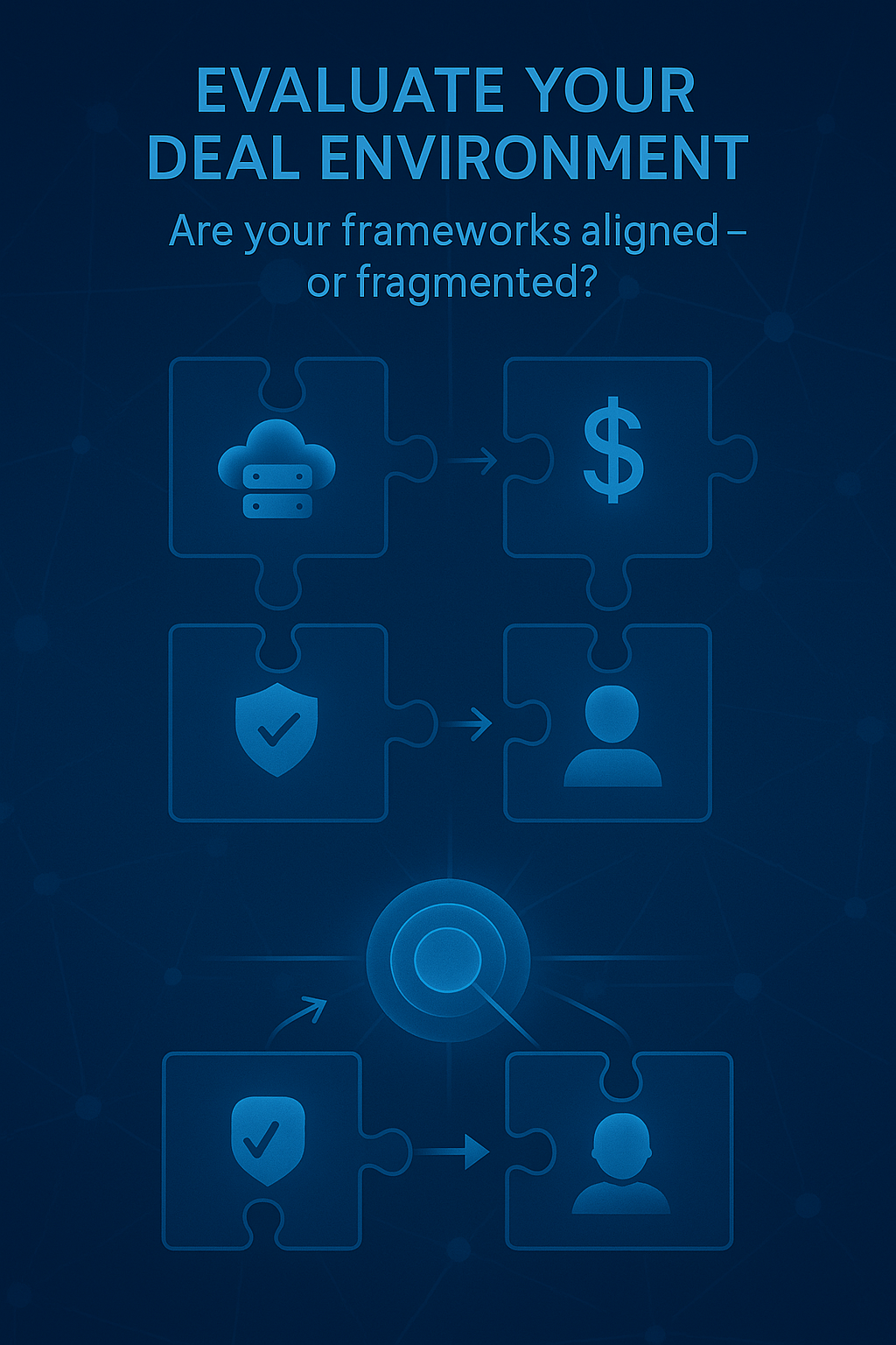 A digital infographic with the heading 'Evaluate Your Deal Environment' and a subtitle 'Are your frameworks aligned— or fragmented?'. It features several puzzle pieces with icons including a cloud server, a dollar sign, a shield with a check mark, a person silhouette, a target, and an arrow pointing from one puzzle piece to another, suggesting alignment or connection.