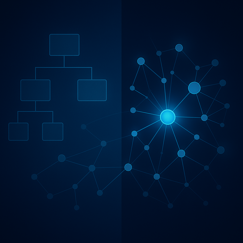 Comparison of a flowchart on the left and a network diagram on the right, both depicted with glowing blue nodes and lines against a dark background.