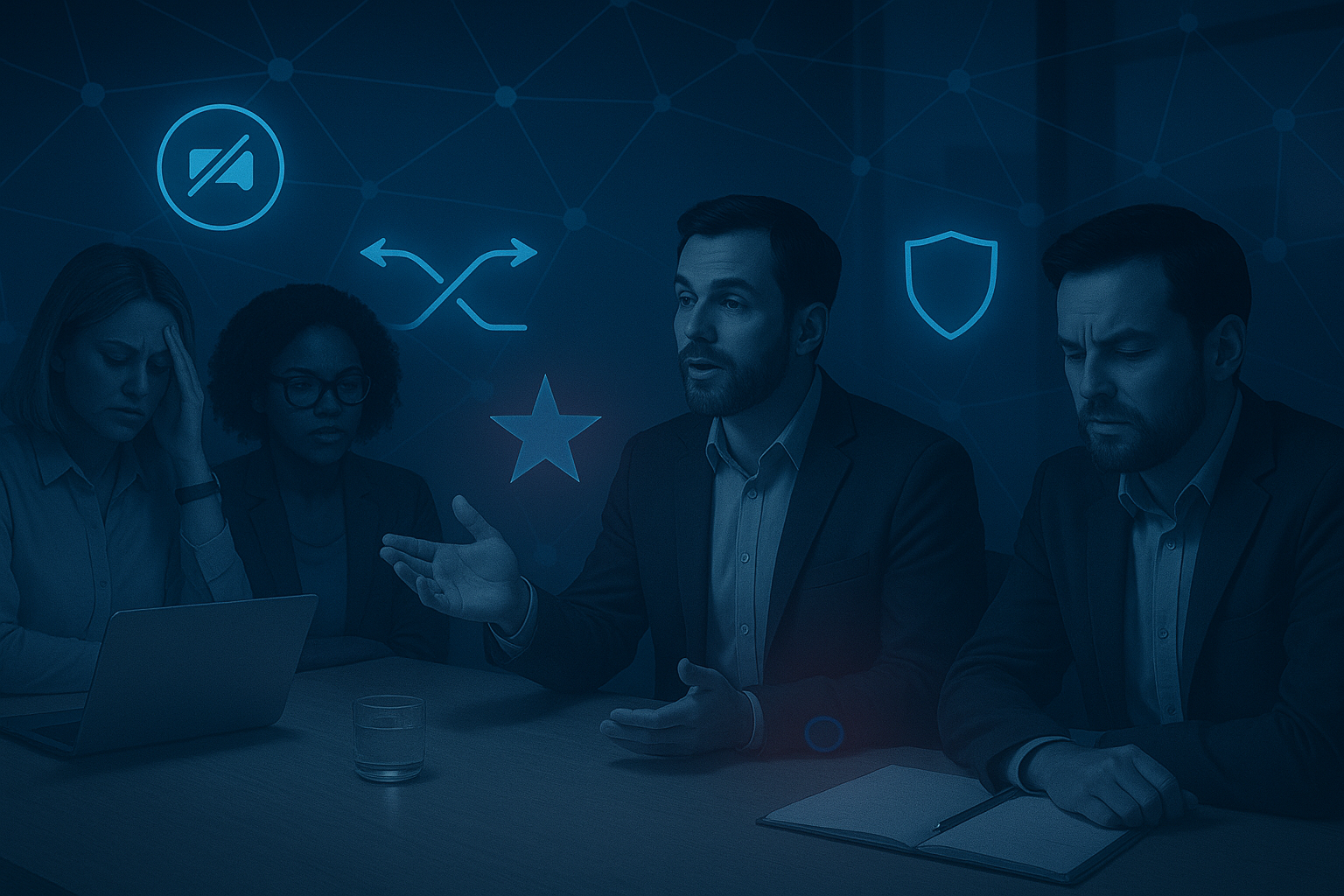 Group of four business professionals in a meeting, engaged in discussion, with digital network icons and security symbols in the background.