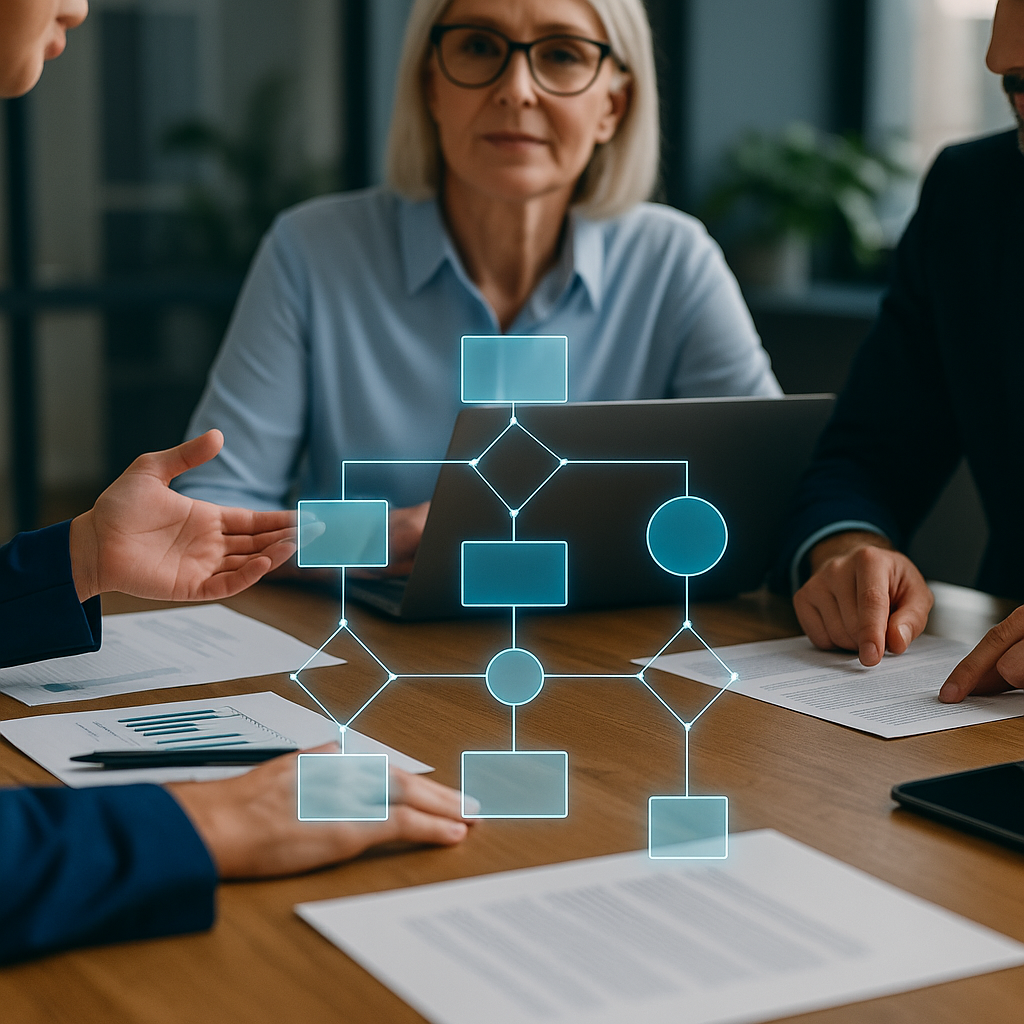 Business meeting with two women and one man discussing a digital flowchart projected over the table.