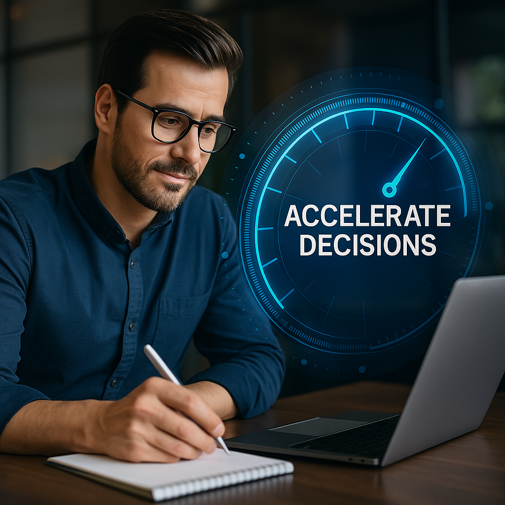 A man wearing glasses and a blue shirt sits at a desk with a laptop and notebook, looking thoughtful. A digital graphic display behind him shows a clock and the words "Accelerate Decisions".
