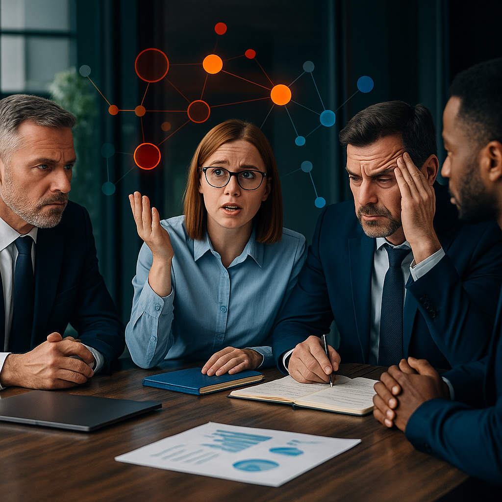 A group of four people in business attire having a serious discussion around a table with papers, notebooks, and a laptop. A digital network graphic floats above them.