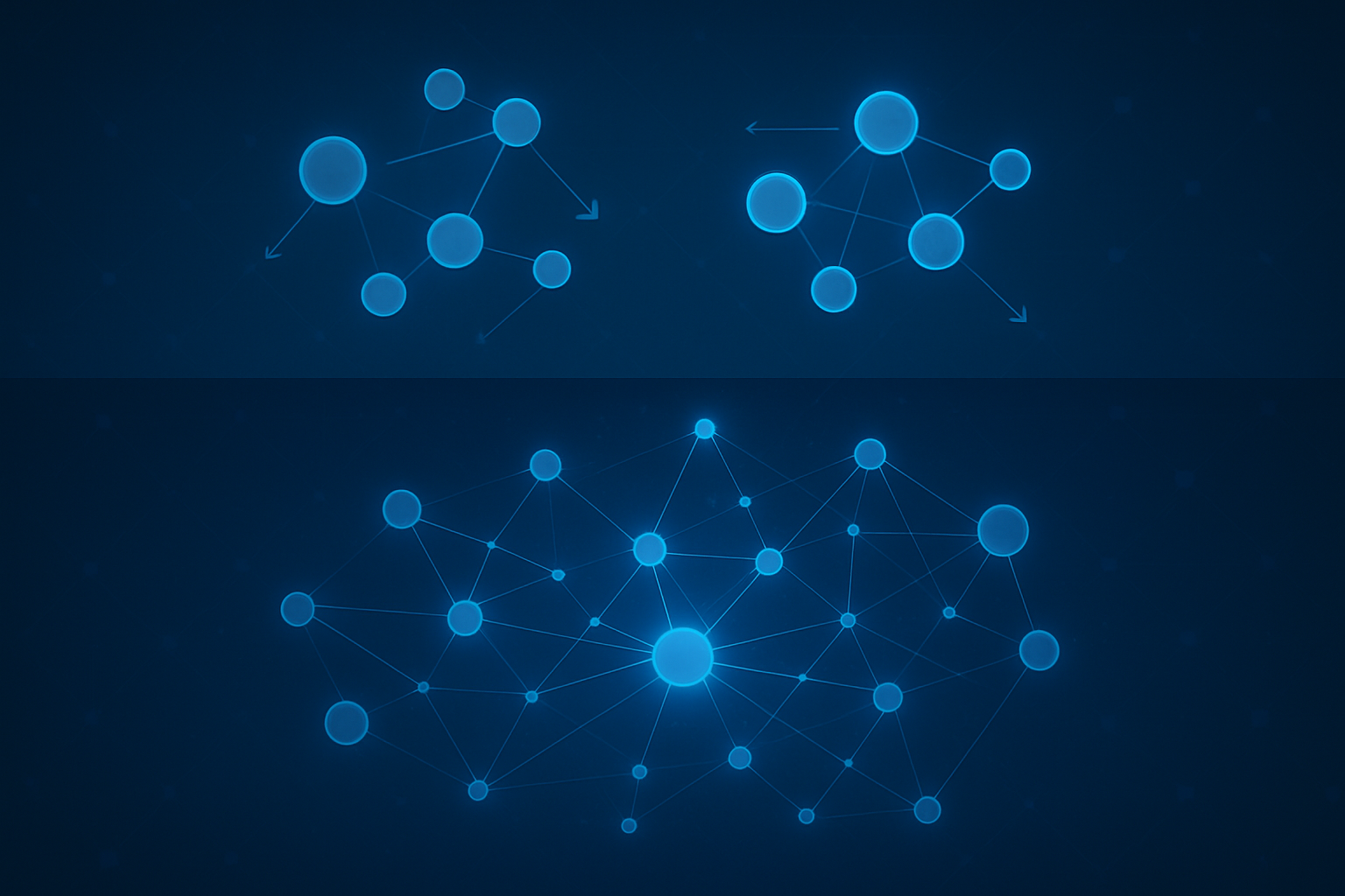 Two digital illustrations of connected networks, showing nodes and lines, with a dark blue background. The top image depicts a smaller, less dense network, while the bottom image shows a larger, more complex network.