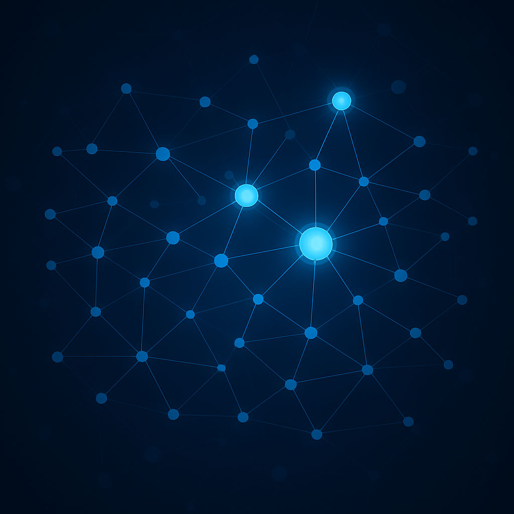 Digital illustration of interconnected glowing blue nodes and lines on a dark background, representing a network or blockchain.