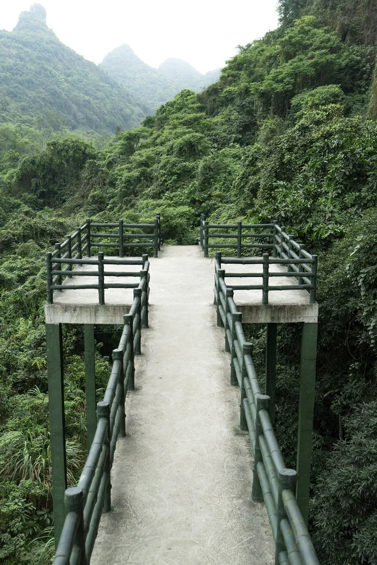 A narrow concrete pathway with dark green railings on both sides, extending into lush green mountains covered with dense trees and vegetation, in a misty, mountainous landscape.