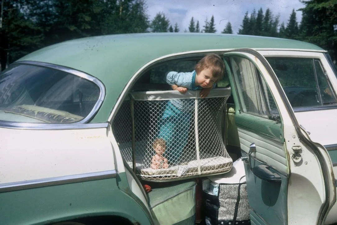 A young girl leaning on the window of a vintage green and white car, looking into a pet crate with a smaller dog inside, outdoors with trees in the background.