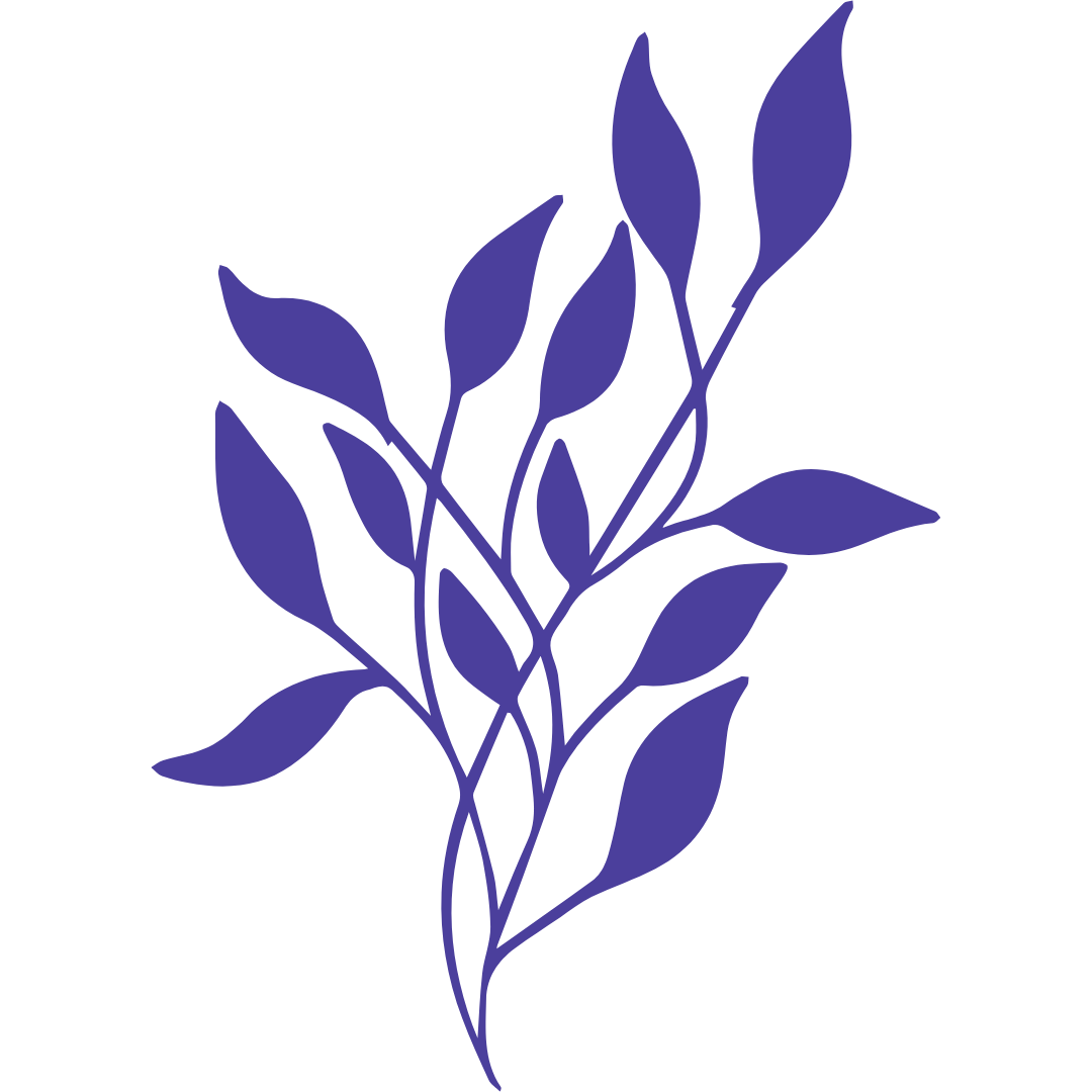 Blue illustrated branch with leaves on black background.