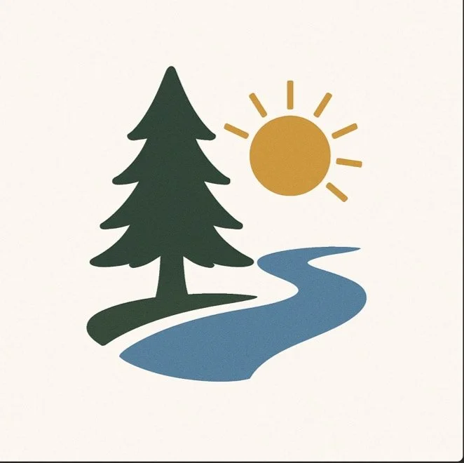 Illustration of a pine tree, a winding river, and a sun in the sky.