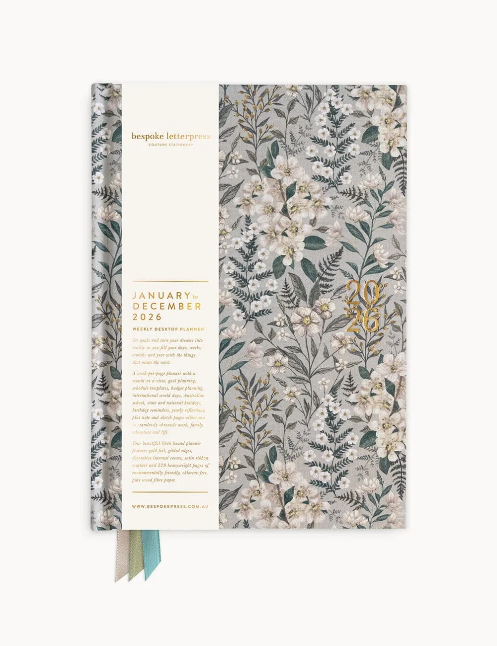 2026 Desktop Linen Bound Planner - Ivory Garden
