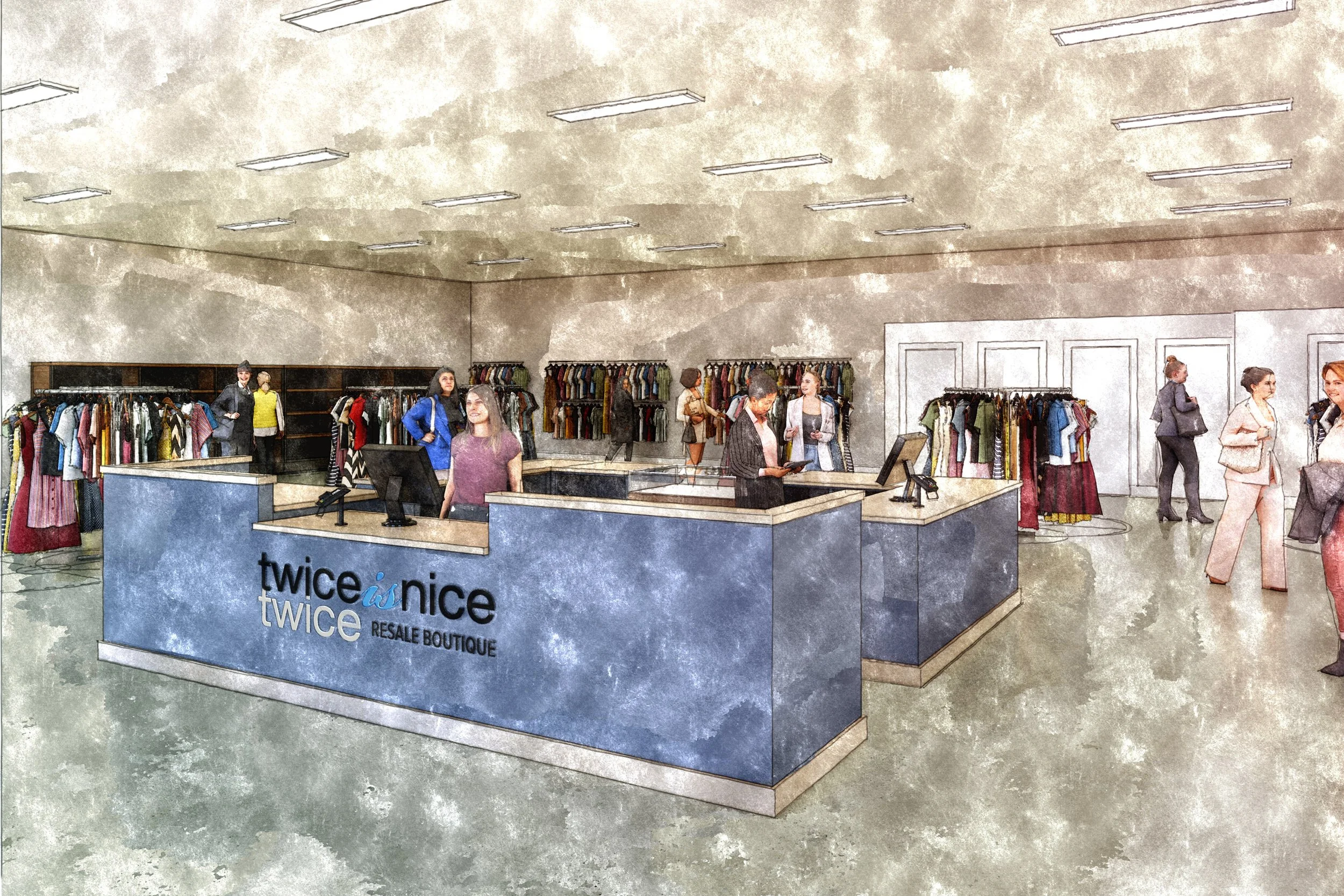 Interior of a boutique clothing store named Twice is Nice. The store features a central checkout counter with employees and several racks of colorful clothing and customers browsing.