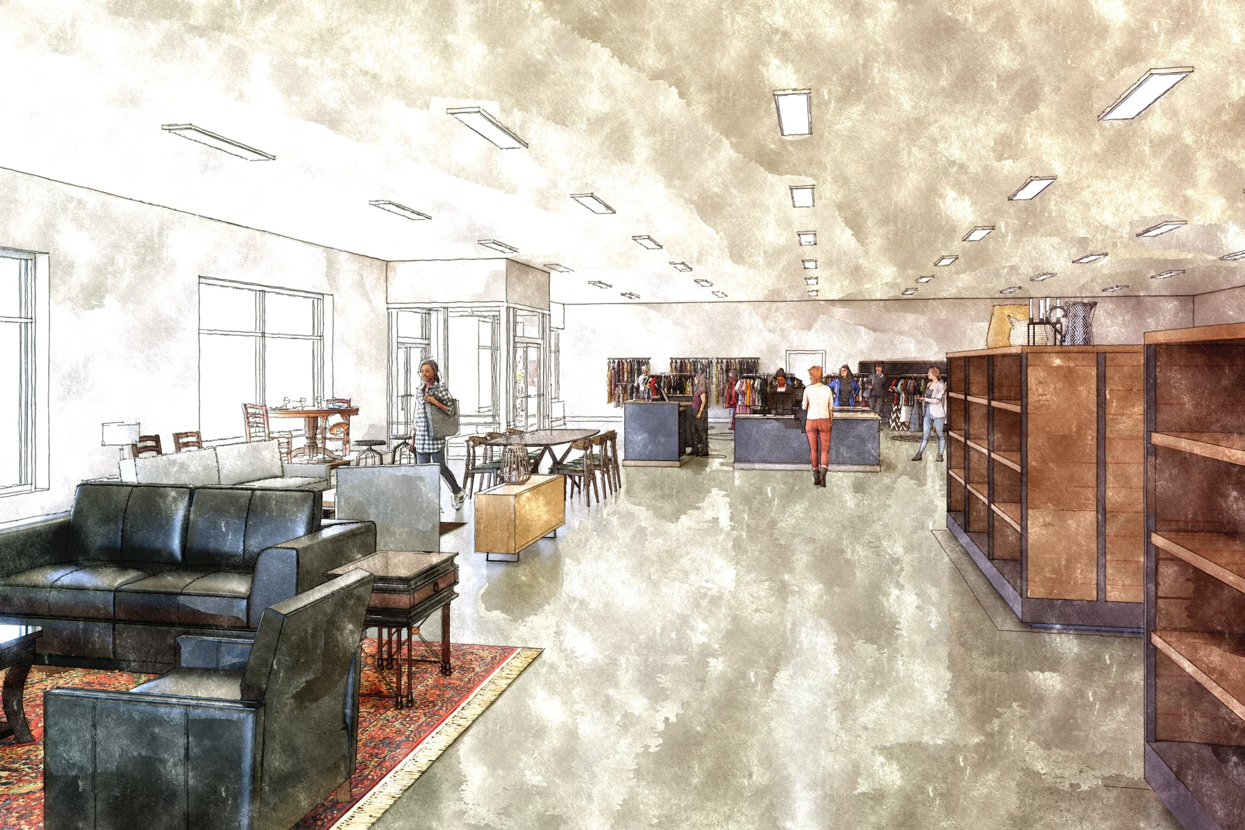 A spacious store interior with coffee shop seating, clothing racks, and customers browsing.