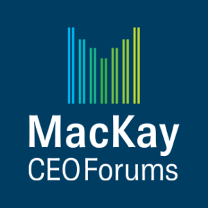 Logo for MacKay CEO Forums featuring vertical blue and green lines above the text 'MacKay CEO Forums' on a dark blue background.