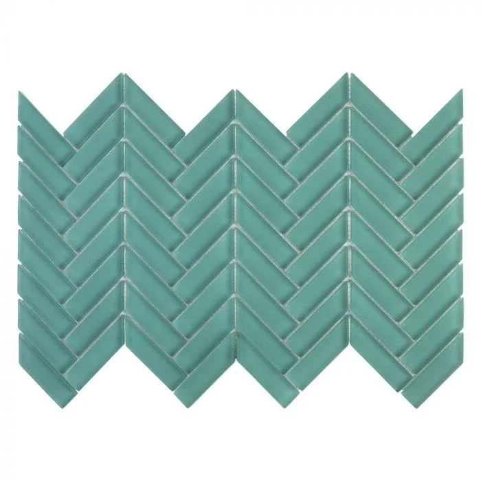 Turquoise glass mosaic tiles arranged in a chevron pattern.