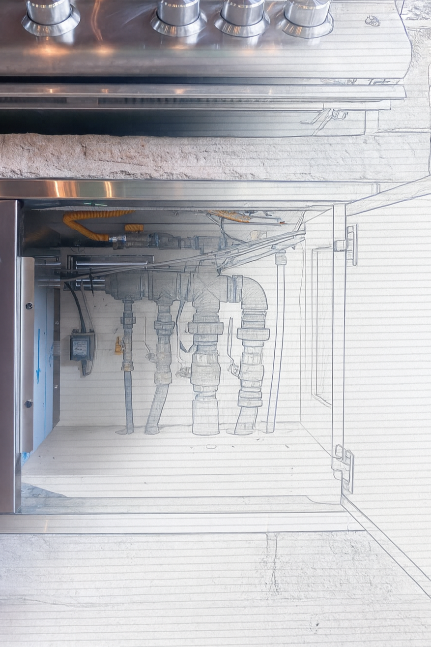 Photo of a plumbing and electrical access panel with pipes, valves, and conduit inside a cabinet.