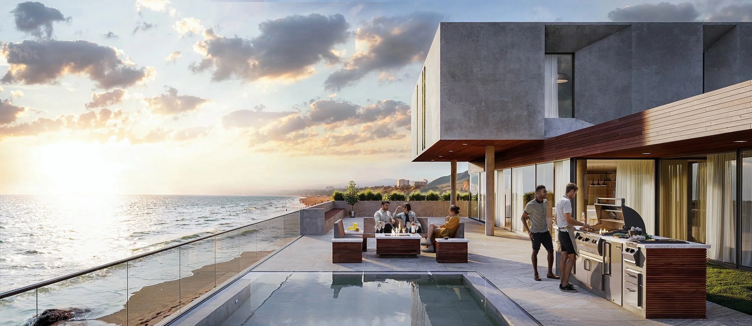 People enjoying a sunset on a modern beachfront patio with outdoor fireplace, barbecue grill, and scenic ocean view