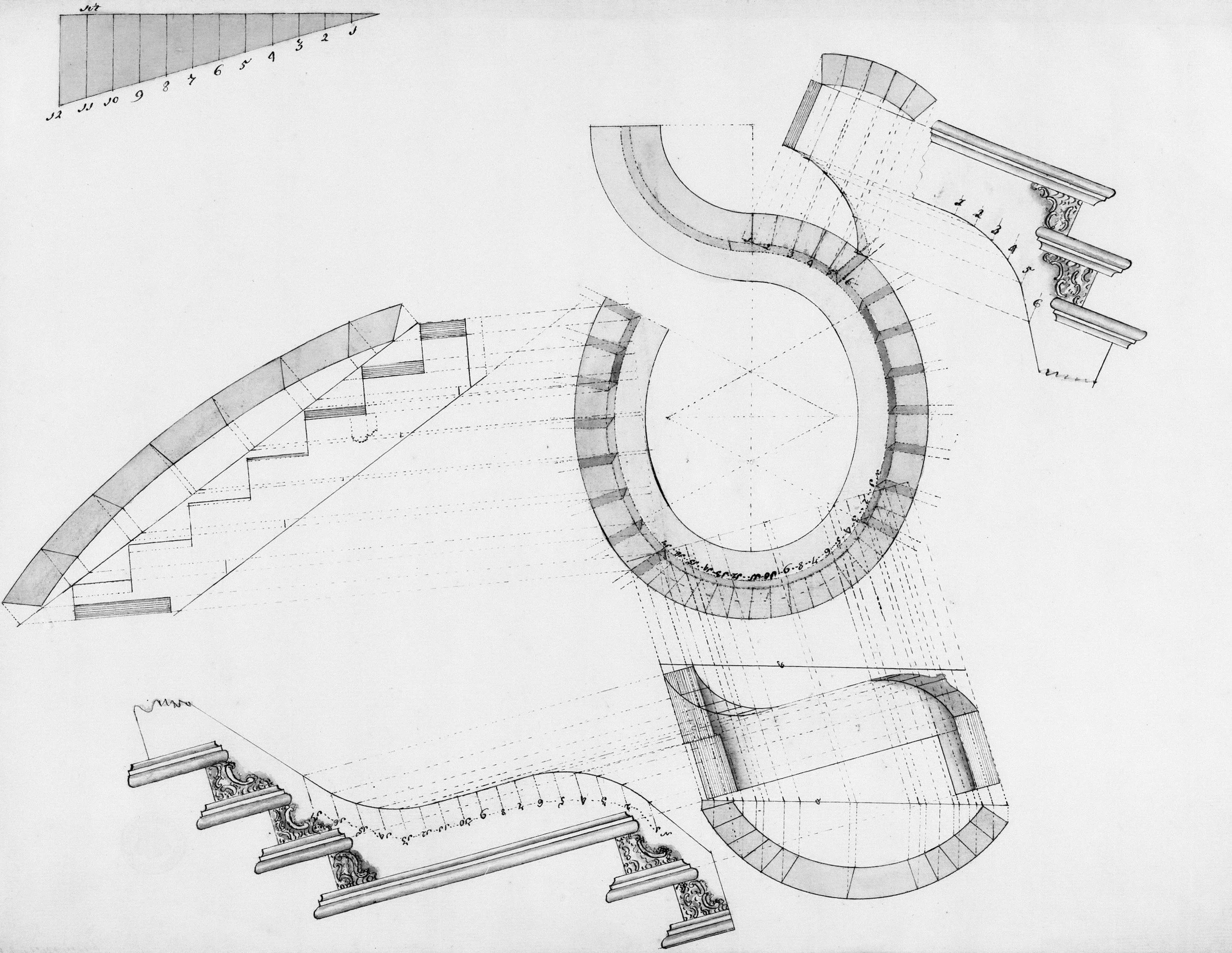 Technical drawing of a spiral staircase with detailed measurements and decorative elements.