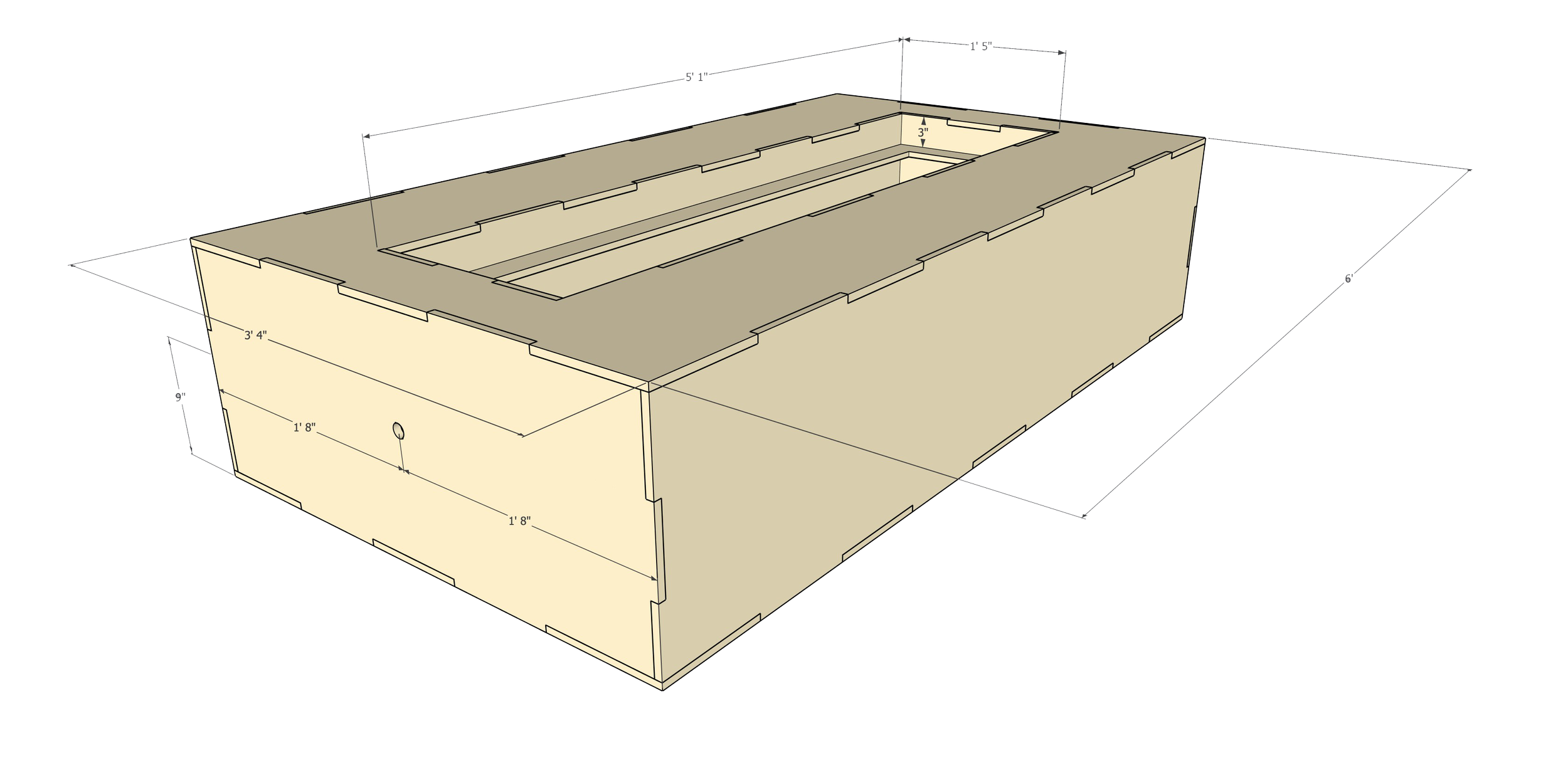 3D architectural design of a rectangular wooden box with detailed measurements for construction, including panels and joinery, viewed from an angled perspective.