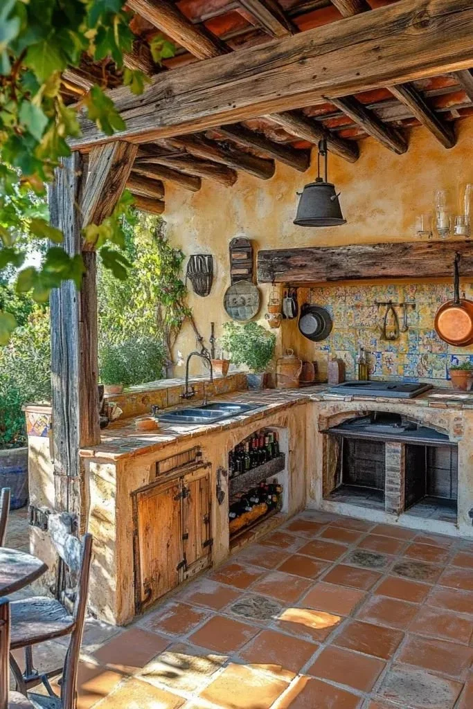 Rustic outdoor kitchen with terracotta tile flooring, wooden cabinets, exposed wooden beams, and hanging pots and pans.