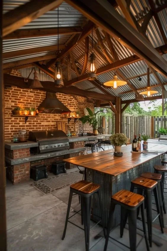 Outdoor kitchen with a brick wall, metal roof, and a wooden dining table surrounded by stools, decorated with plants and warm lighting.