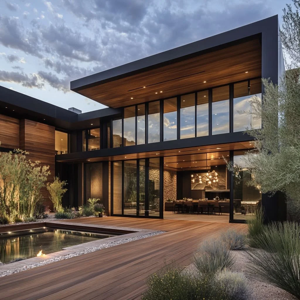Modern two-story house with large glass windows, wooden exterior, and a deck with outdoor seating, surrounded by desert plants and a small pool