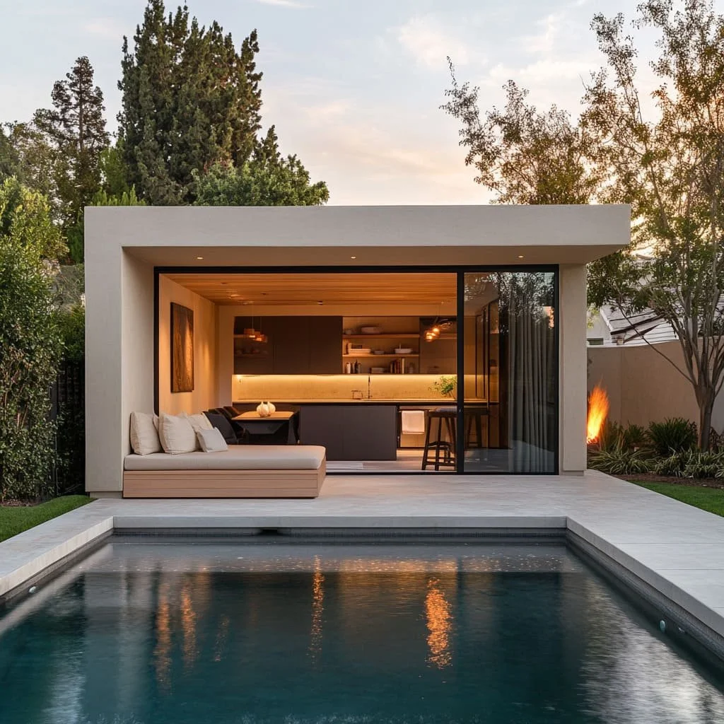 Modern backyard with a swimming pool in the foreground, a small outdoor seating area with beige cushions, and an open-concept kitchen and living space with warm lighting, surrounded by trees at dusk.