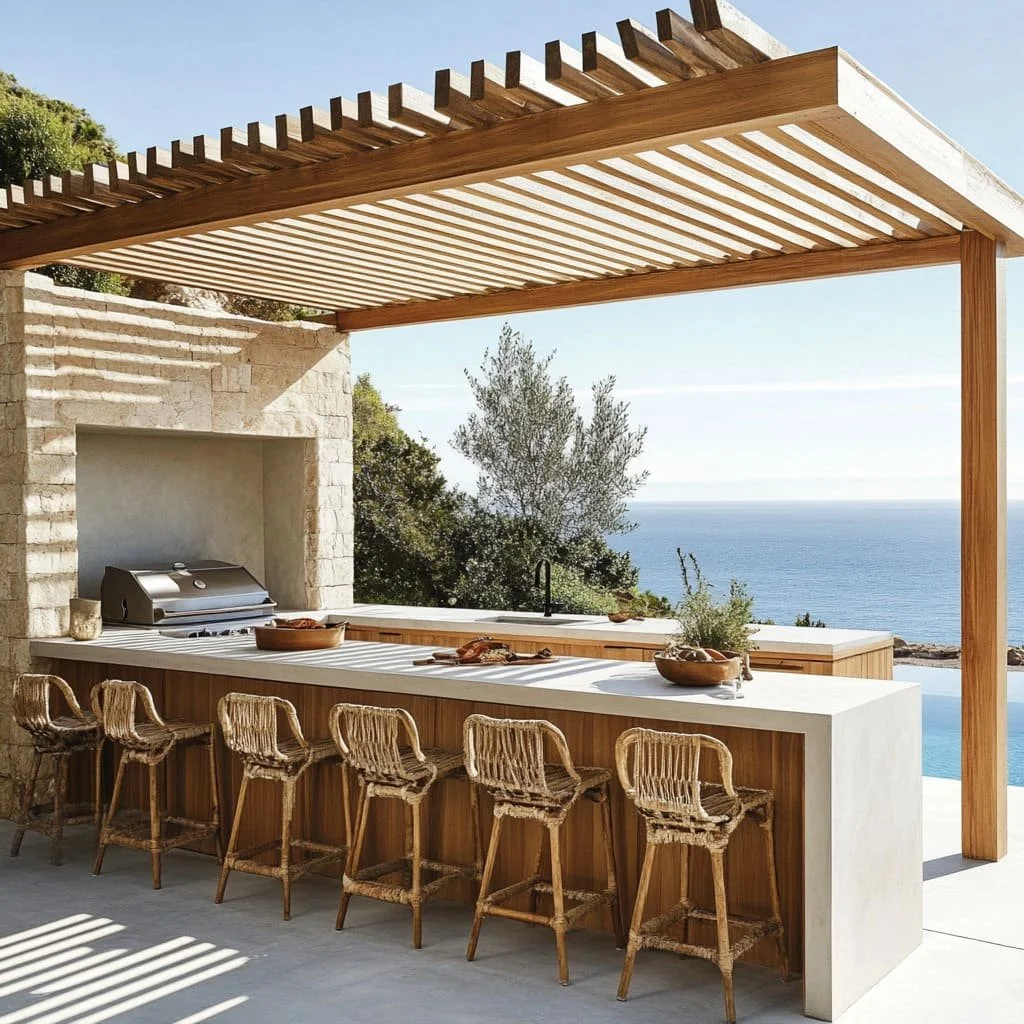 Outdoor kitchen with a concrete countertop and six wicker chairs, overlooking the ocean, with a wooden pergola and stone wall.