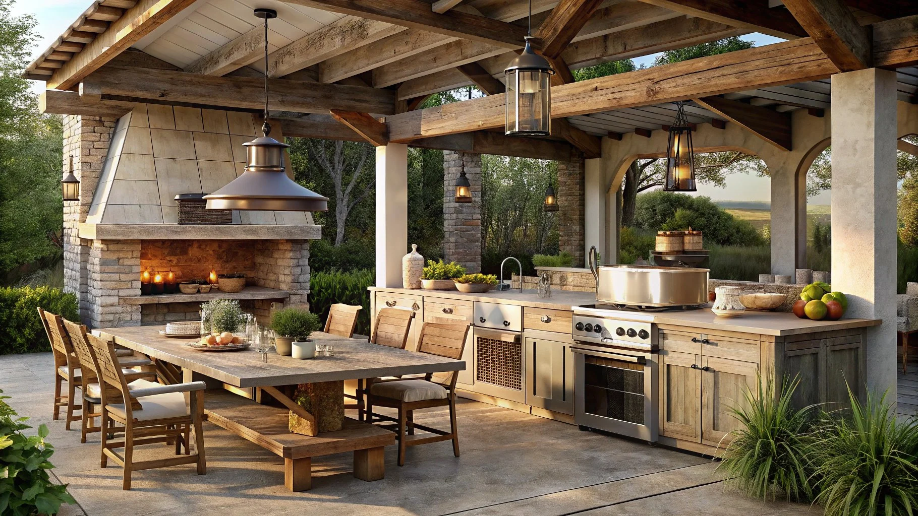 Outdoor kitchen and dining area with wooden table and chairs, brick fireplace, outdoor oven, and hanging lights in a garden setting with trees and greenery.