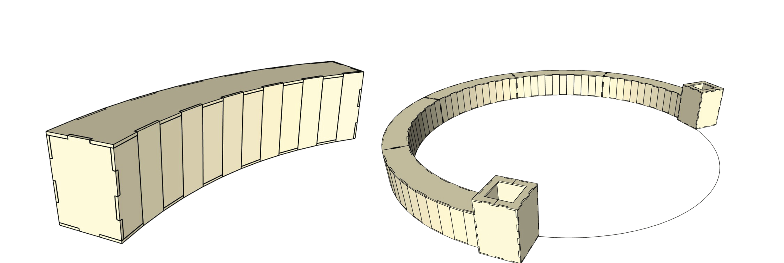 3D rendering of curved castellated wall segments, one straight and one circular, with beige coloring.