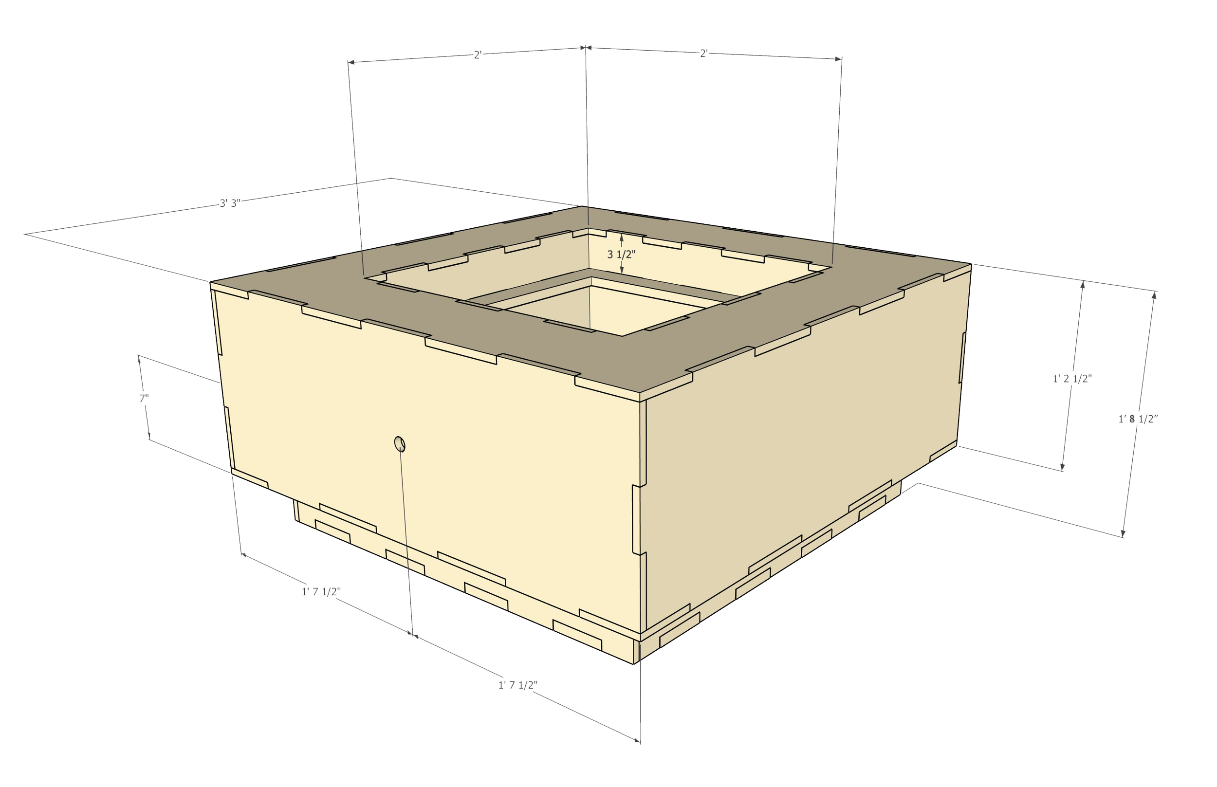 3D architectural drawing of a rectangular structure with interior and exterior walls, including detailed measurements and notches for assembling the walls.