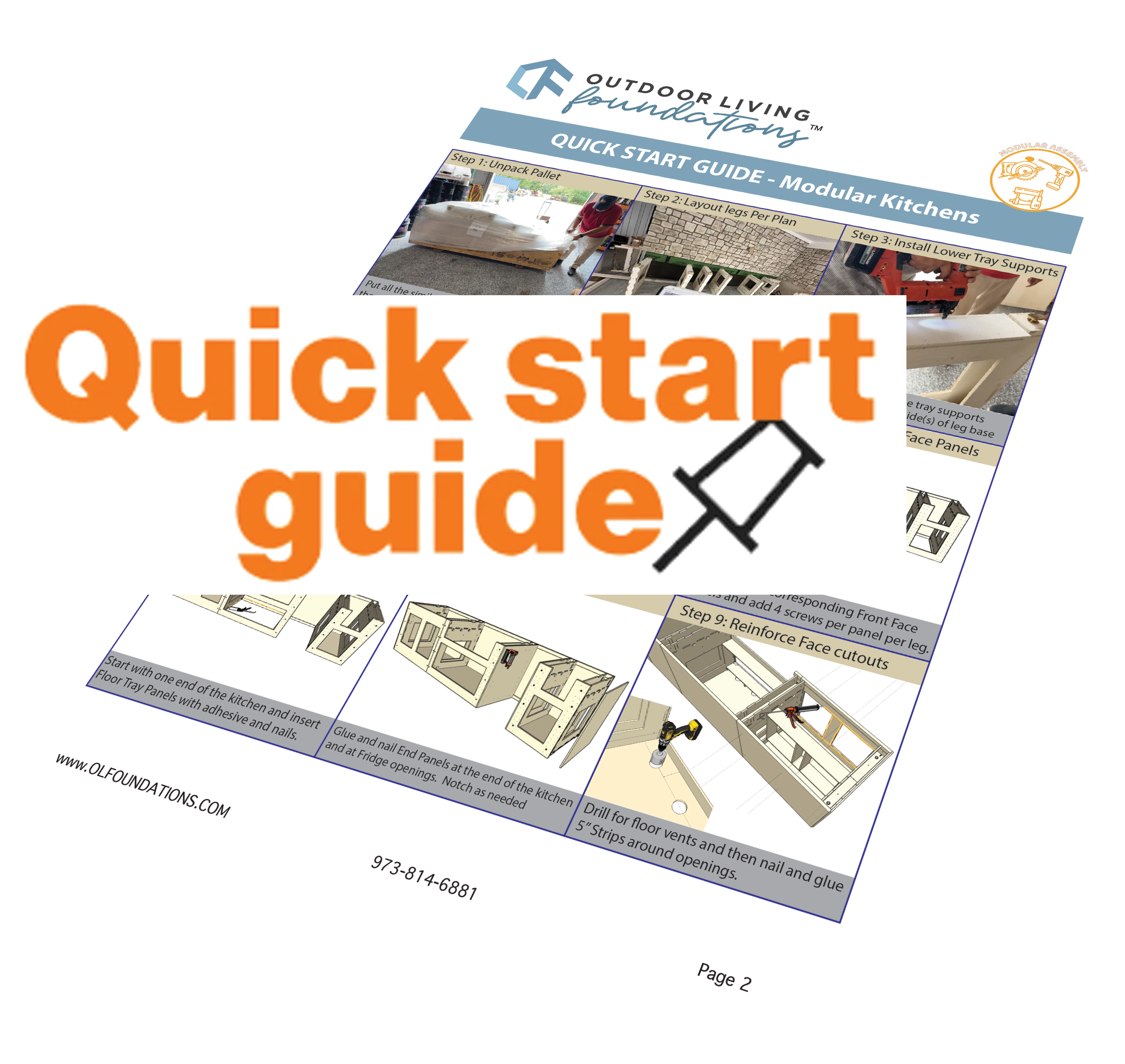 Cover of a quick start guide for modular kitchens with step-by-step instructions and illustrations.