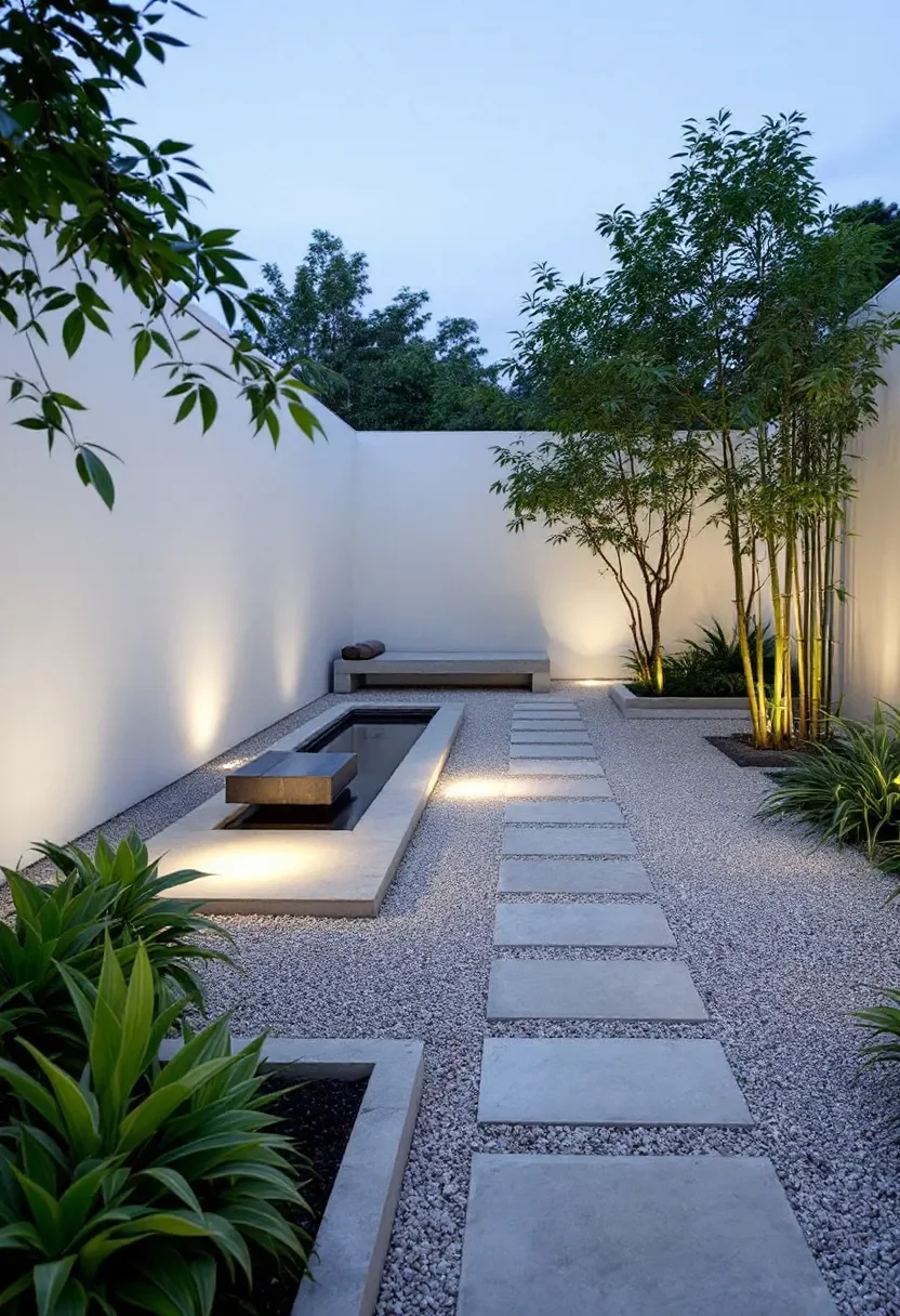 Minimalist backyard with white concrete walls, stepping stone pathway, small pond with a waterfall feature, and landscaped plants and trees, illuminated by subtle ground lighting.