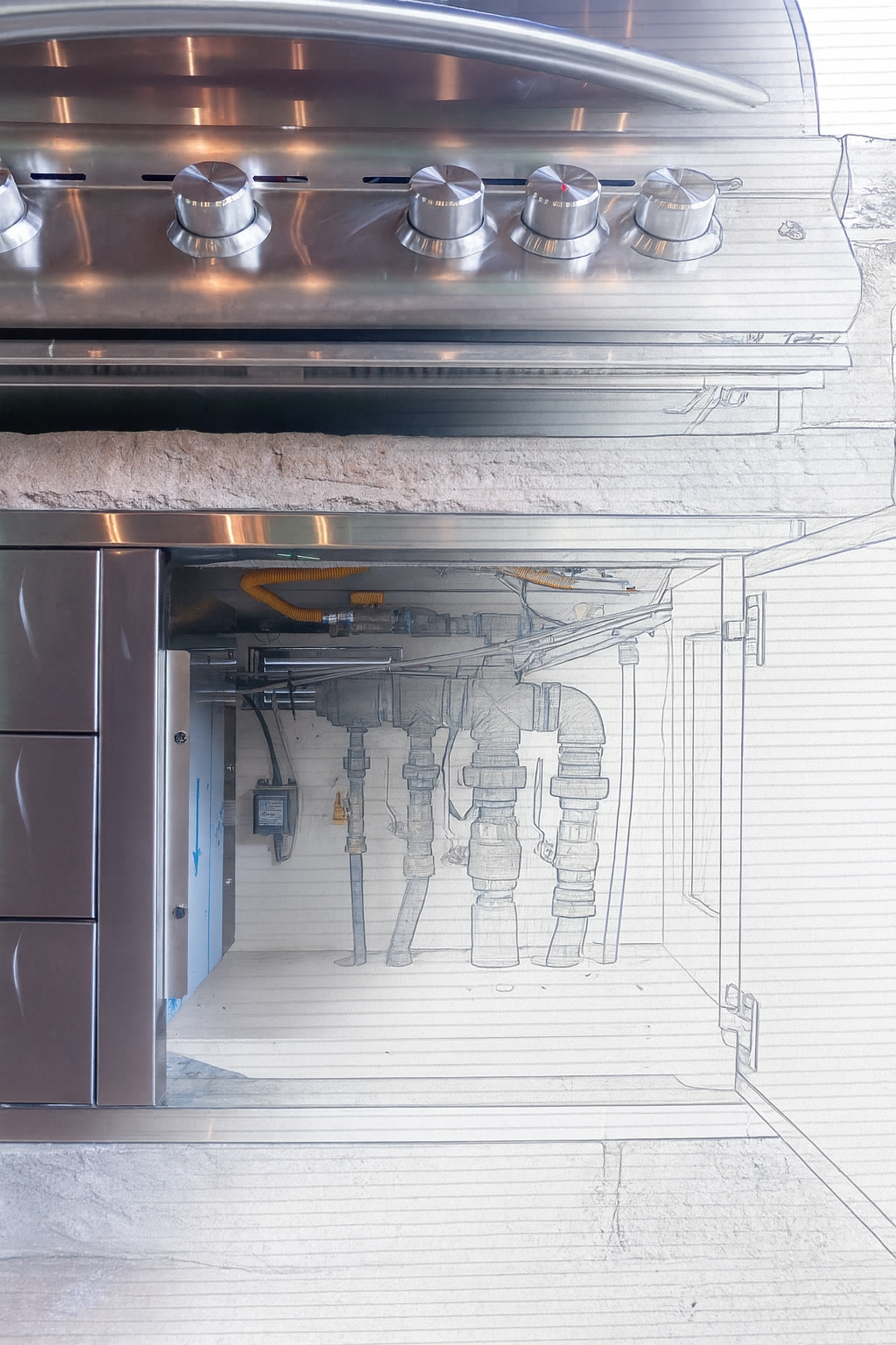 Partial view of a stainless steel kitchen stove with four control knobs and a metal backsplash, against a wall with visible pipes and wiring drawn as a sketch.