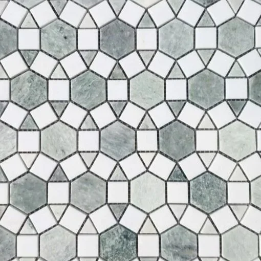 Tile floor with geometric pattern of hexagons and pentagons in shades of gray and white.