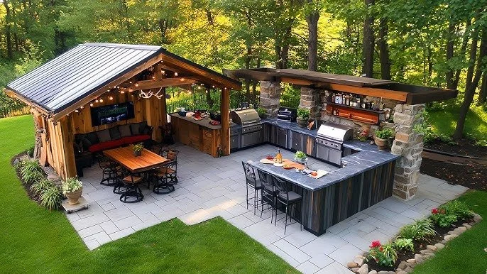 Outdoor kitchen and seating area with a bar, grill, and dining table in a backyard surrounded by trees.