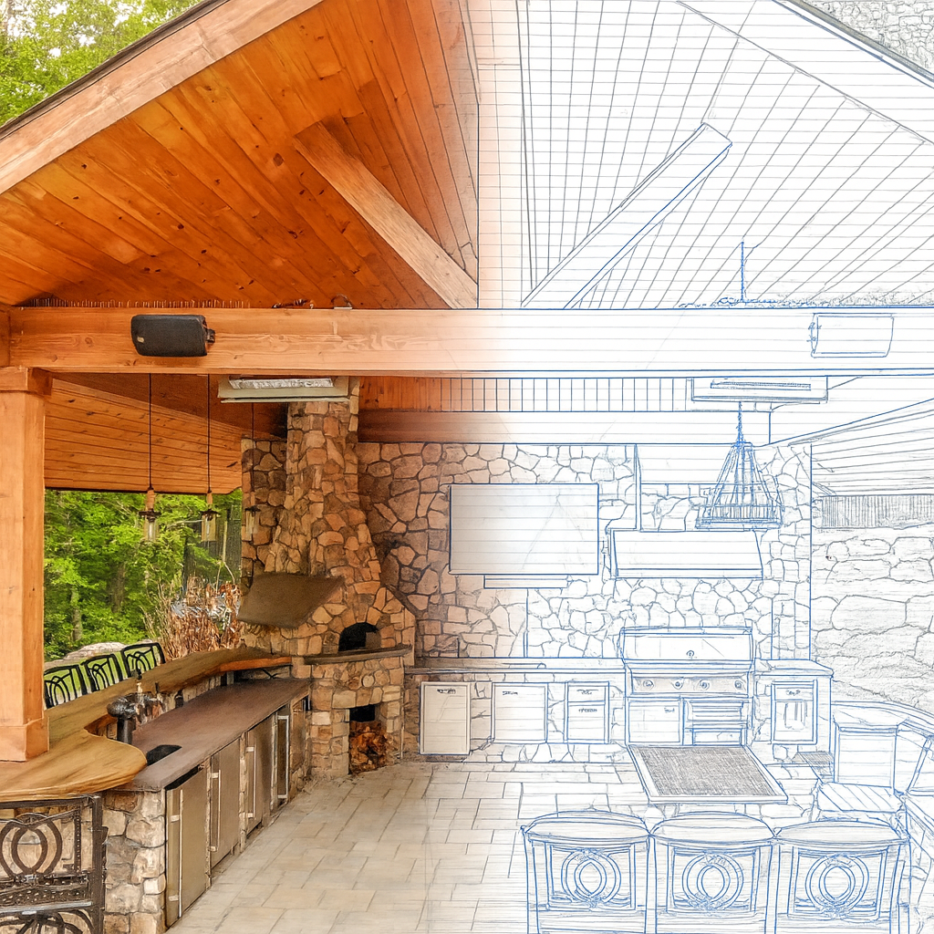 Interior of a covered outdoor kitchen and patio, half sketched and half photo, featuring a stone fireplace, wooden ceiling, bar with stools, and outdoor scenery.