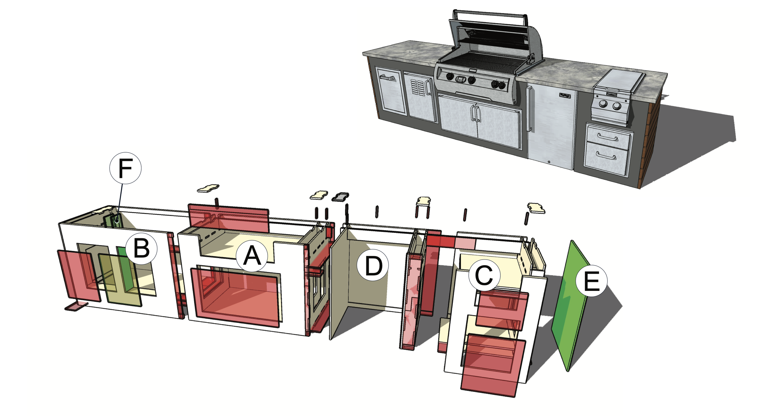 Diagram of a kitchen with labeled sections and an external view of the kitchen appliances, including a stove, microwave, and fridge.