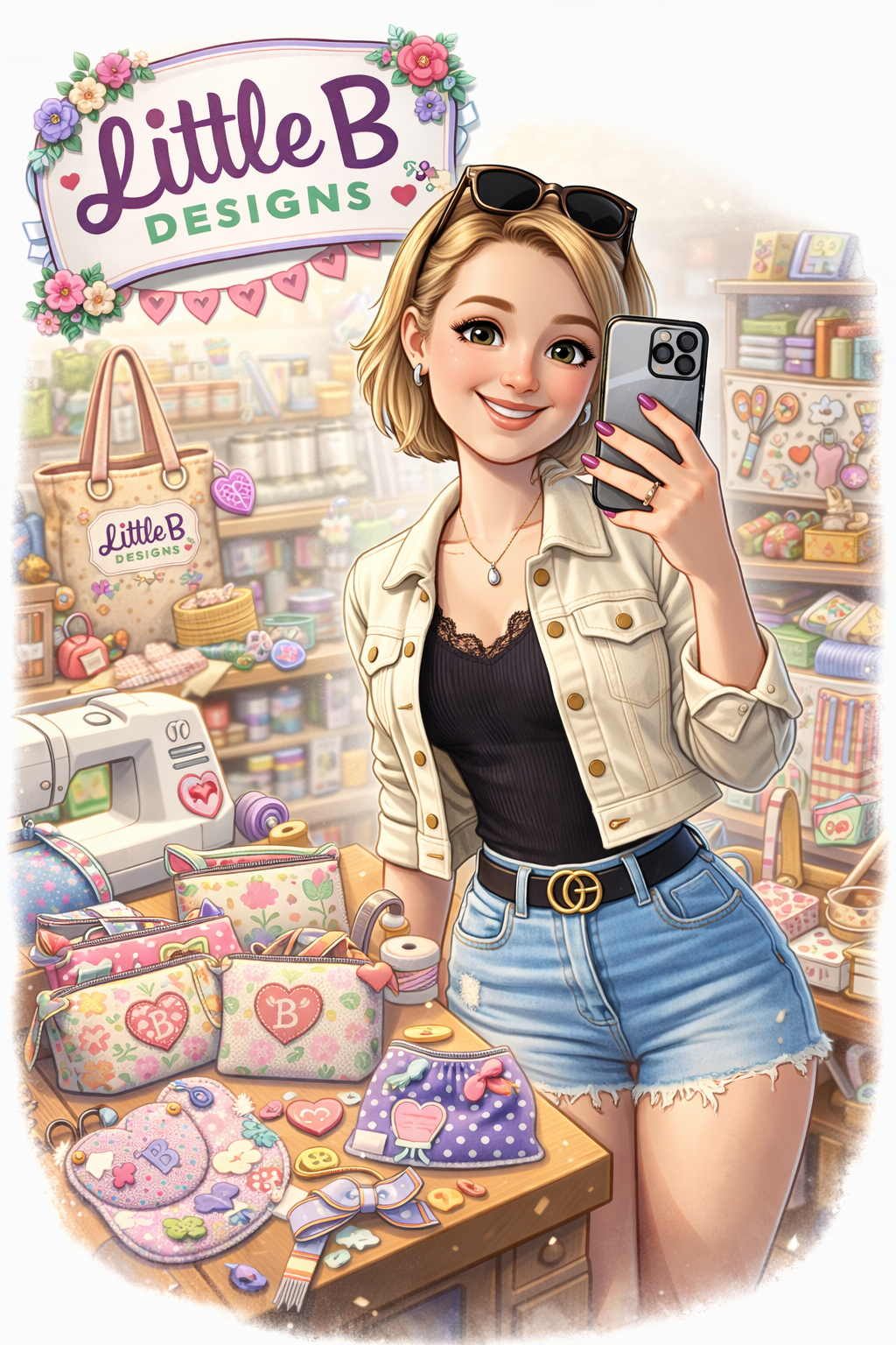 A woman taking a selfie in a craft store, surrounded by sewing supplies, bags, and fabric decorations.