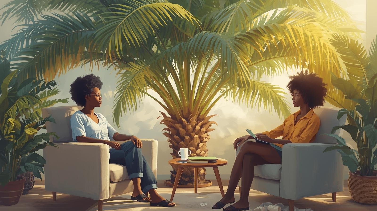 Black and white illustration of two smiling women wearing traditional African headwraps and jewelry, standing under palm trees, holding hands and sharing a joyful moment.