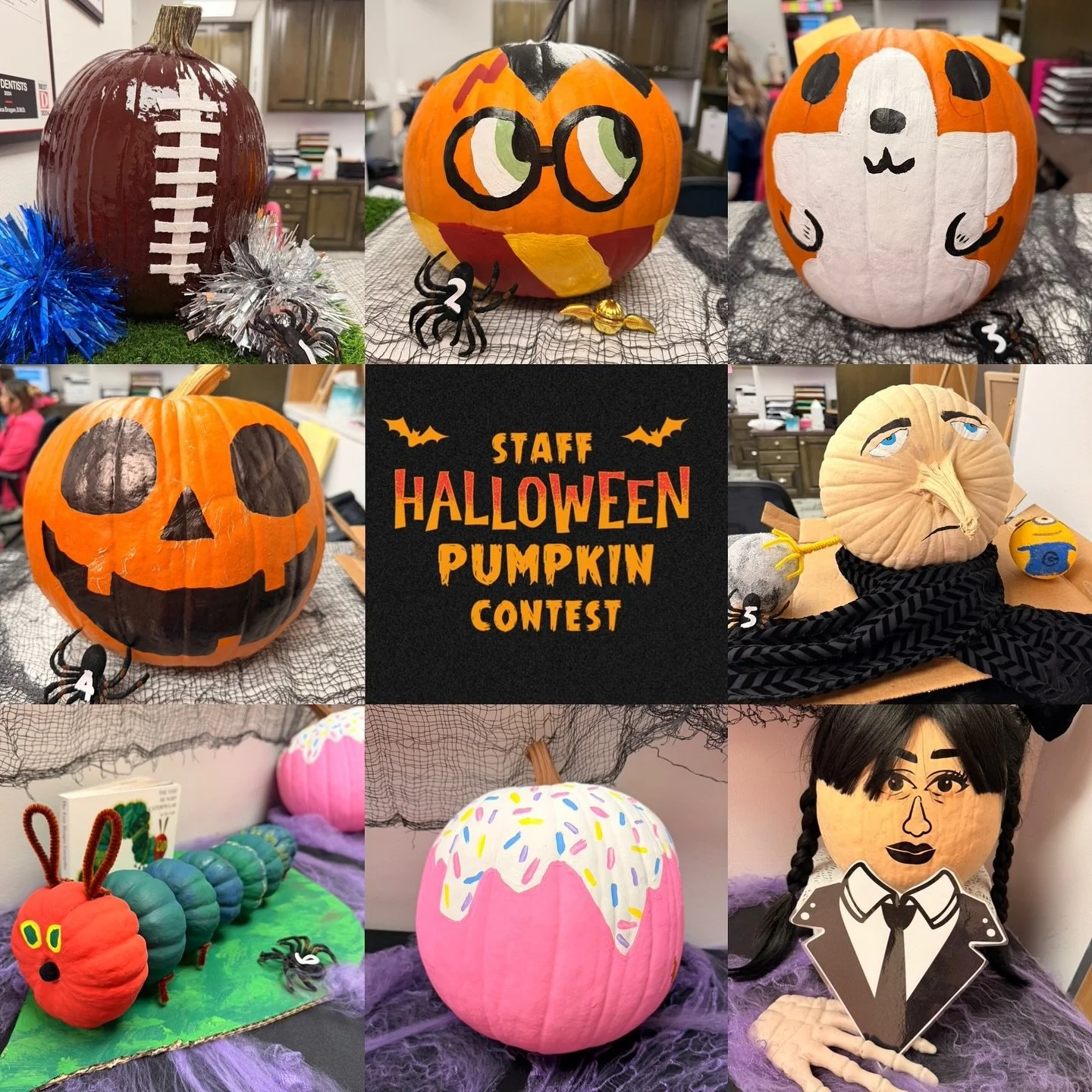Check out dem pumpkins! Our staff pumpkin patch is out and the stakes are higher than ever!!! The staff is competing for a very coveted EXTRA DAY of PAID TIME OFF! Drop your favorite in a DM or come into the office to cast your vote! And most importa