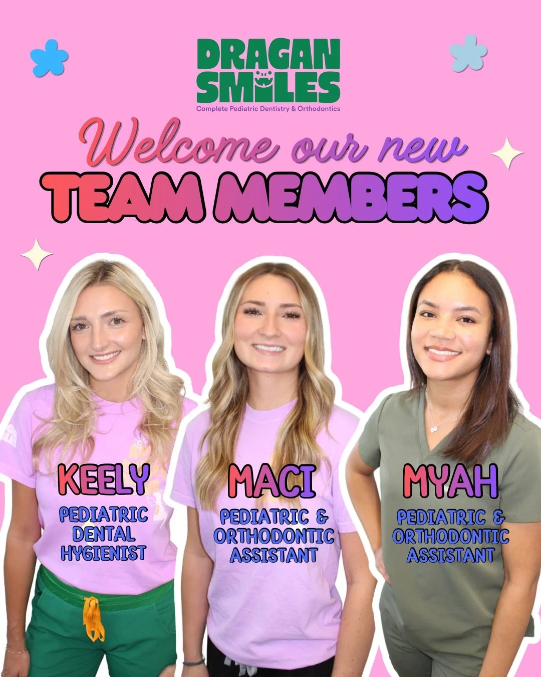 We&rsquo;re so proud and excited to welcome the newest members of the Dragan Smiles crew! 🎉
Each of these three amazing ladies was carefully chosen with your child&rsquo;s experience in mind, and we know they&rsquo;re going to be a wonderful additio