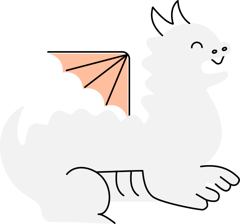 cartoon illustration of a white dragon with pink wings, sitting and smiling.