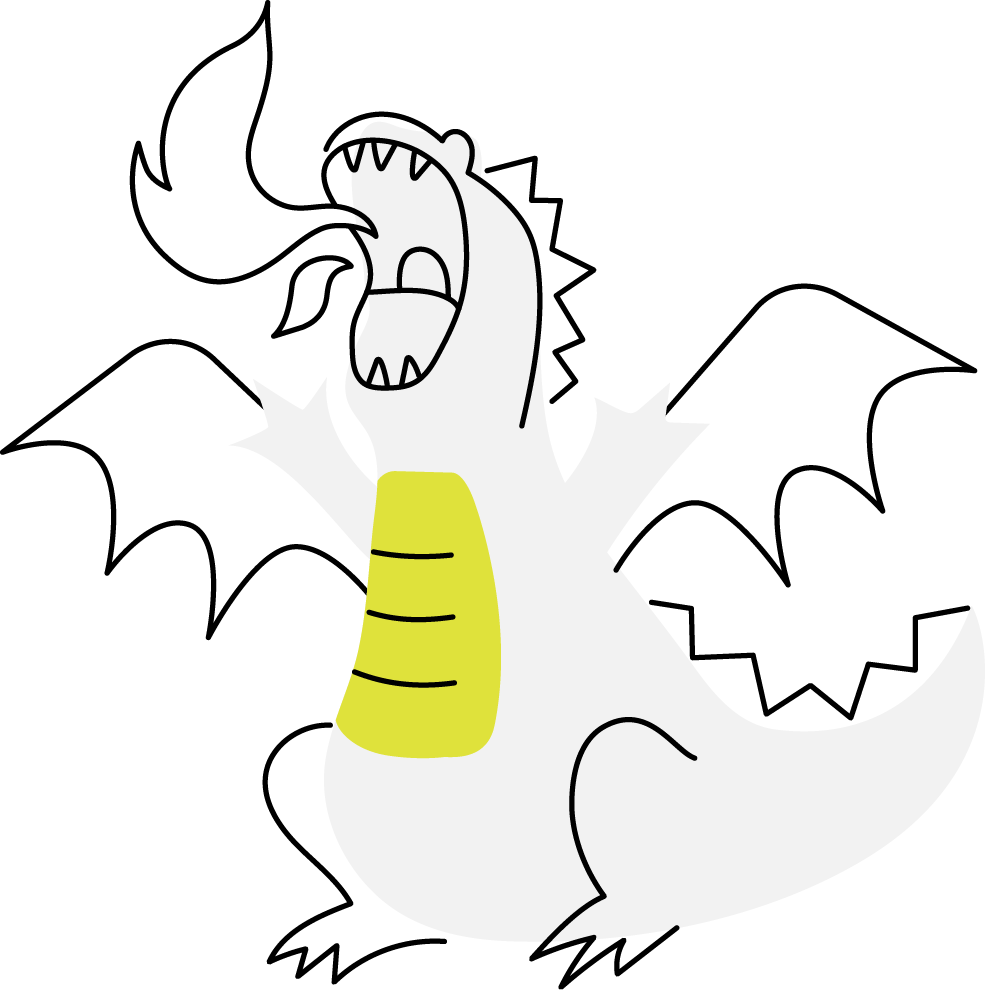 A cartoon illustration of a white dinosaur with a yellow belly, roaring with its mouth open, showing sharp teeth, and raising both arms.