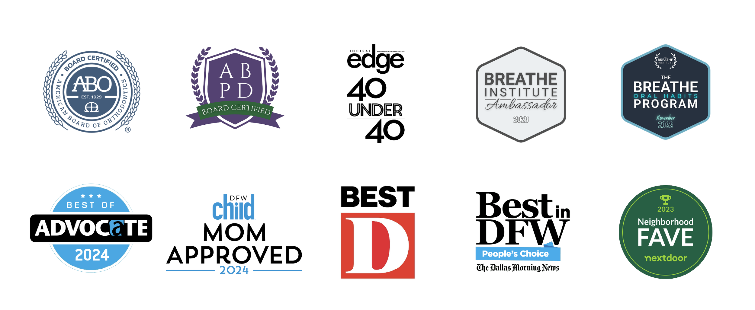 Collection of awards and badges from different organizations recognizing excellence or accomplishment in various categories, including programs, reviews, and certifications for 2022 and 2023.