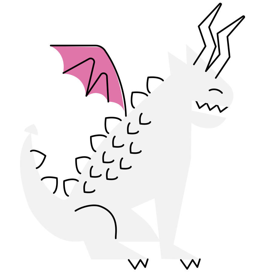 Cartoon drawing of a white dragon with pink wings, a row of spikes on its head, and closed eyes, on a black background.
